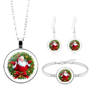 Juego de Joyas de Navidad Papá Noel Collar Pulsera Pendientes de Gancho Aleación Vidrio Plata Accesorio Festivo Regalo