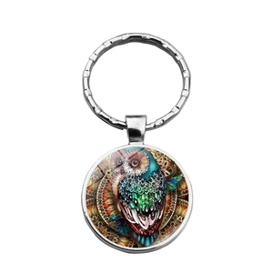 Porte-clés artistique en verre chouette avec motif mandala et cadre en métal argenté