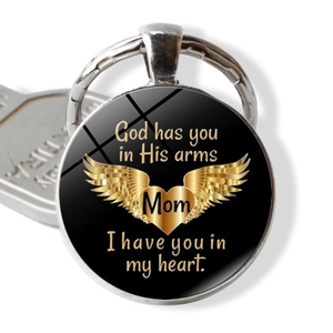 Memorial Mom Son Keychain Glass Cabochon Angel Wings Heart Pendant Zinc Alloy Keyring Gift For Women