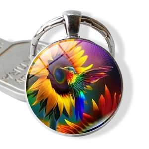 Hummingbird Flower Time Gem Keychain Zinc Alloy Glass Round Pendant Decorative Hanging Ornament For Bag Purse Car Keys