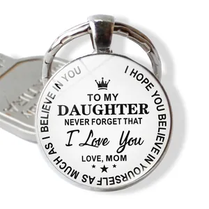 To My Daughter Inspirational Keychain Silver Glass Cabochon Zinc Alloy Keyring Mother Love Crown Pattern Pendant Jewelry Gift