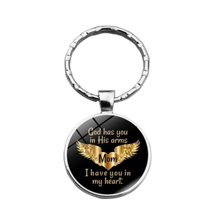 Memorial keychain with God has you in His arms quote and golden angel wings motif