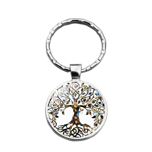 Silver Tree of Life glass cabochon keychain with a colorful artistic pendant design