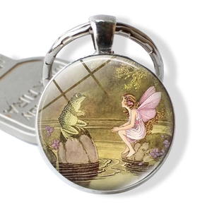 Porte-clés Conte de Fées Prince Grenouille et Fée Ailes de Fille Alliage de Zinc Argent Pendentif Cabochon Verre Cadeau Créatif