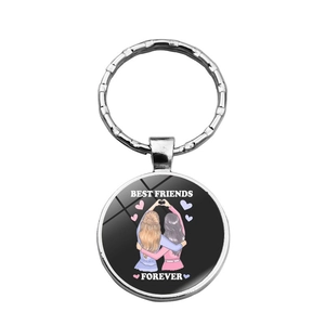Porte-clés Best Friends Forever en argent avec motif filles sous dôme en verre