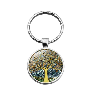 Silver Tree of Life glass cabochon keychain with artistic mosaic pattern and metal ring