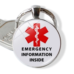 Porte-clés d'Alerte Médicale en Alliage Verre Cabochon Étoile de la Vie Info d'Urgence Diabète Pendentif Anneau de Clé Universel