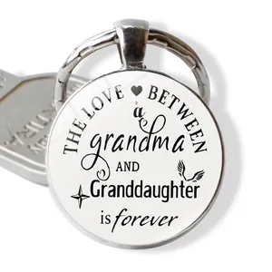 Porte-clés Pendentif Rond en Alliage de Zinc et Verre Citation Amour Grand-mère Petite-fille Cœur Ailes Étoile Métal Poli Argent Cadeau