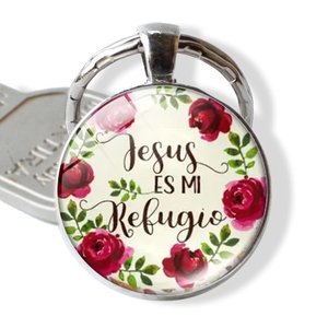 Zinc Alloy Glass Cabochon Keychain Rose Flower Religious Quote Key Ring Jesus Is My Refuge Inspirational Gift For Women