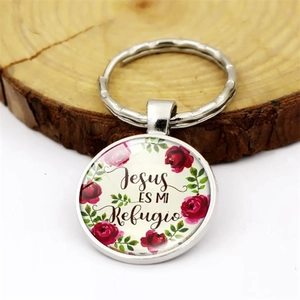 Floral glass keychain with red rose and Spanish religious text Jesus ES MI Refugio