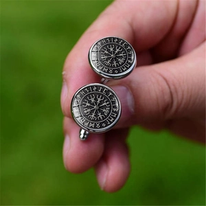 Vintage Viking compass cufflinks with Norse runes in a retro silver finish for men