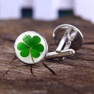 Boutons de Manchette Vintage Homme Alliage d Argent Verre Trèfle Vert Motif Trèfle Rond Gemme du Temps Affaires Mariage Bijoux