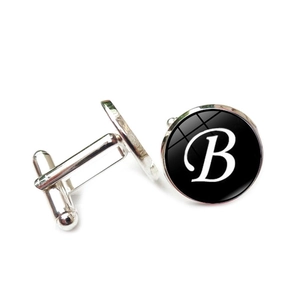 Silver cufflinks with black round letter B glass dome for men's business shirts