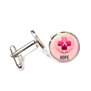 Manschettenknöpfe mit rosa Schleife Hope Motiv und runder silberner Metallfassung