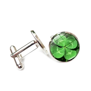 Boutons de manchette argentés avec trèfle à quatre feuilles vert pour chemise homme