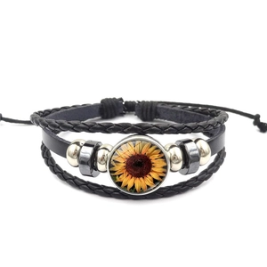 Handmade Multilayer Artificial Leather Bracelet For Women Men Retro Woven Sunflower Glass Gem Cabochon Adjustable Jewelry