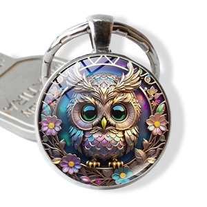 Vintage Zinc Alloy Owl Illustration Keychain Round Glass Cabochon Pendant Key Ring Bag Charm Accessory Gift Unisex Jewelry
