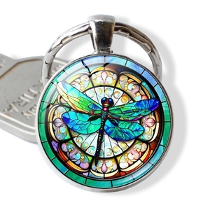 Porte-clés Gemme du Temps Libellule Colorée Style Verre Coloré Rétro en Alliage d'Argent Pendentif de Sac Bijoux Homme Femme