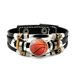Retro gelaagde leren armband met basketbal glazen koepel en metalen kralen decor