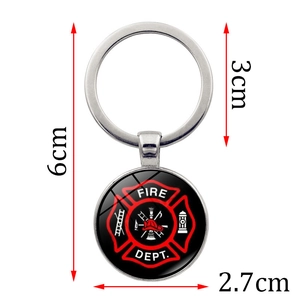Classic fire department keychain with emblem and glass pendant showing 6cm total length