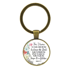 Portachiavi in bronzo vintage con versetto biblico Geremia 29:11 e design floreale acquerello
