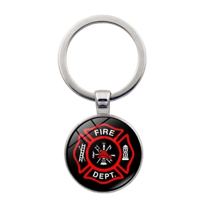 Firefighter Fire Dept Logo Keychain St Florian Cross Glass Cabochon Alloy Metal Key Ring Pendant For Men Women Jewelry Gift