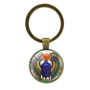 Ancient Egyptian scarab keychain with blue beetle pendant in vintage bronze metal finish