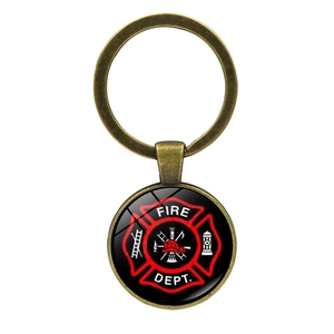 Classic bronze fireman keychain with glass cabochon Fire Dept Maltese Cross logo