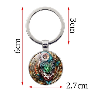 Mandala owl glass gemstone keychain with silver metal ring, dimensions 6cm total length