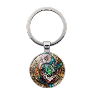 Artistic Owl Glass Cabochon Keychain Vintage Zinc Alloy Metal Key Ring Ethnic Style Hand Drawn Owl Pendant For Women