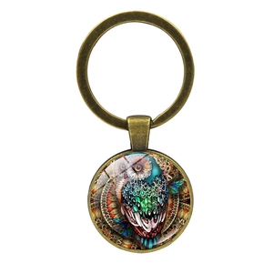 Vintage bronze owl glass cabochon keychain with colorful bohemian artistic pendant