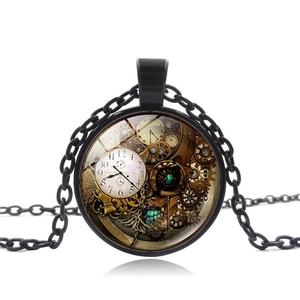 Collier Pendentif Motif Engrenage Horloge Mécanique Steampunk Chaîne de Chandail Vintage en Alliage et Verre Bijoux Homme Femme