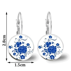 Blue and white porcelain flower glass dome drop earrings in silver french hook style