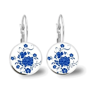 Vintage Alloy Glass Floral Pattern Drop Earrings Blue And White Porcelain Style Leverback Earrings For Women Fashion Jewelry