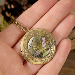 Vintage bronze fairy and frog prince locket necklace with glass dome art pendant
