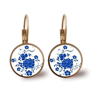 French leverback earrings featuring blue floral porcelain pattern in a silver round frame