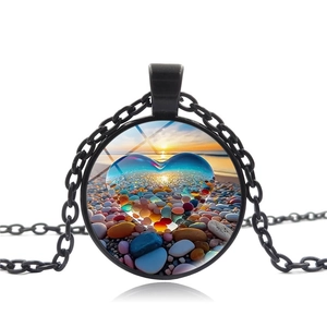 Collana con Ciondolo a Cuore Spiaggia al Tramonto in Lega Retro in Vetro per Donna Catena Maglione Gemma del Tempo Gioielli Moda