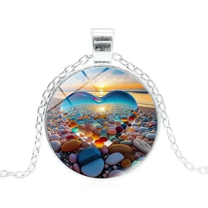 Collana con ciondolo in vetro spiaggia al tramonto, cuore di cristallo e catena argento
