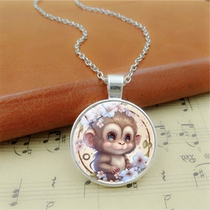 Cute monkey glass gem pendant necklace with floral music notes and silver chain