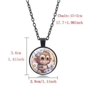 Detail view of monkey glass cabochon pendant necklace with 45cm chain and size dimensions