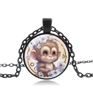 Cute Cartoon Monkey Pendant Necklace Retro Alloy Glass Gem Floral Animal Chain Necklace For Women Men Daily Jewelry Gift