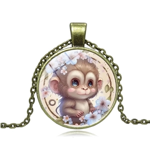 Vintage bronze pendant necklace with cute monkey and flower glass cabochon art