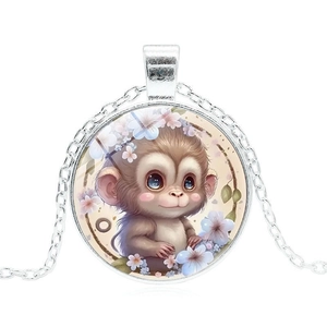 Cute monkey and flower glass gem pendant necklace with silver link chain for women