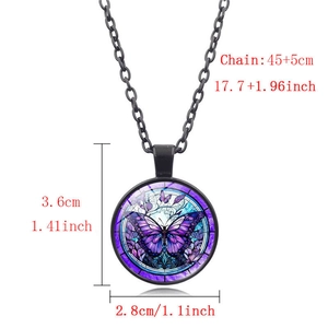 Detailed dimension guide for purple butterfly pendant necklace with black chain