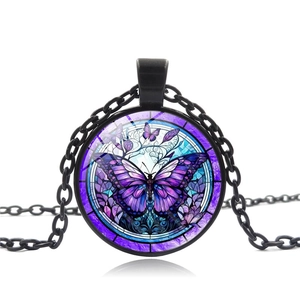 Vintage Stained Glass Style Purple Butterfly Pendant Necklace Round Time Gem Alloy Sweater Chain For Women Party Jewelry