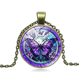 Vintage bronze butterfly glass gem pendant necklace for women with artistic purple pattern
