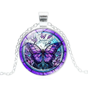 Artistic purple butterfly glass pendant necklace with a vintage silver chain
