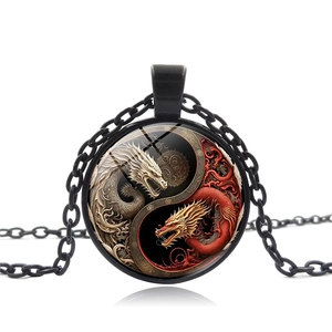 Collier Pendentif Vintage Yin Yang Dragon Tai Chi Gemme de Temps Alliage Verre Cabochon Style Chinois Chaîne de Pull Bijoux Cadeau