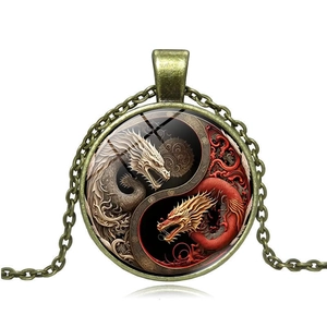 Collier avec pendentif Yin Yang Dragon en verre bronze antique pour femmes