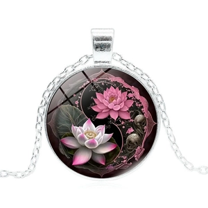 Yin Yang Lotus Blume Glas Kuppel Anhänger Halskette mit silberner Gliederkette Damen